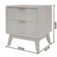 Wooden nightstand with dimensions labeled on a white background