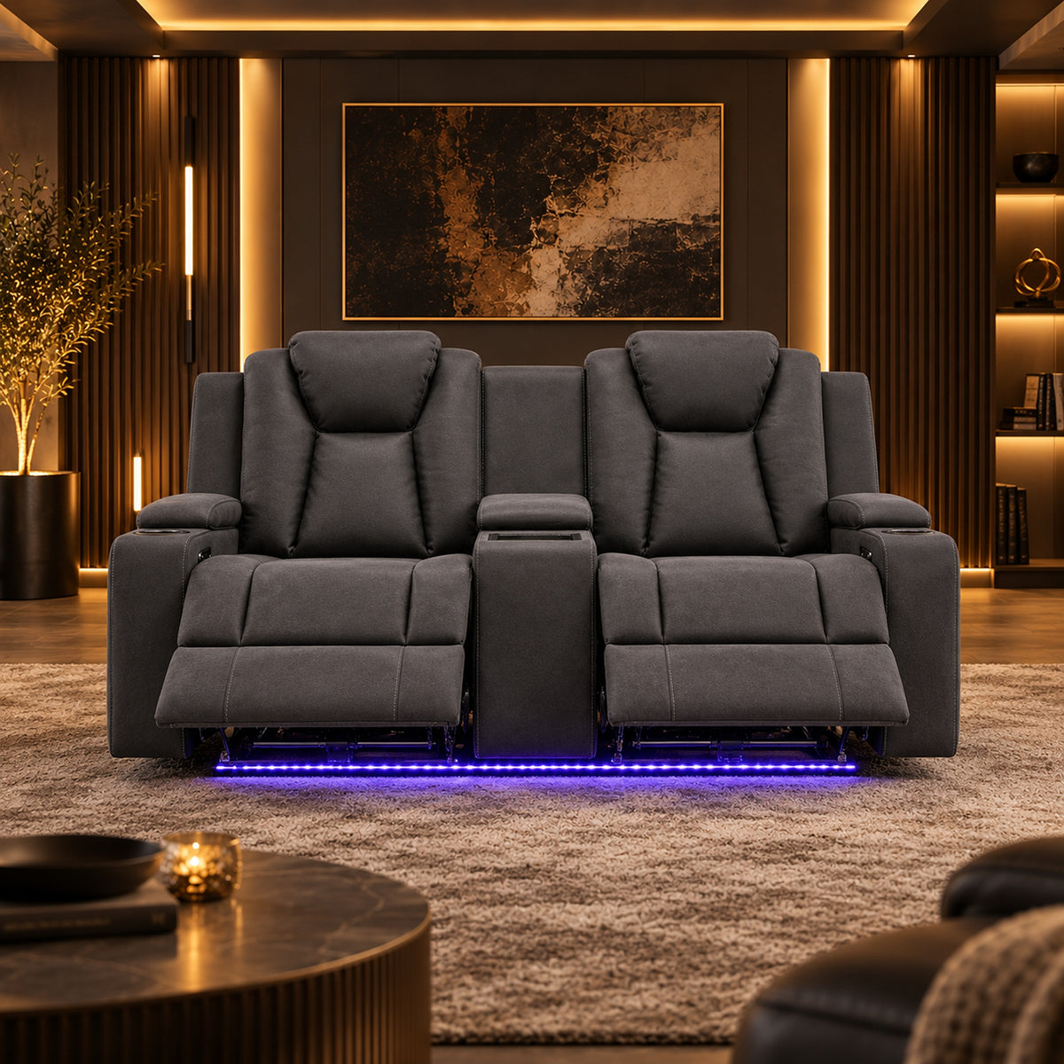 Arena Charcoal 2 seater dual motor electric recliner with centre storage console, cup holders, padded high backs and ambient base lighting