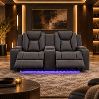 Arena Charcoal 2 seater dual motor electric recliner with centre storage console, cup holders, padded high backs and ambient base lighting