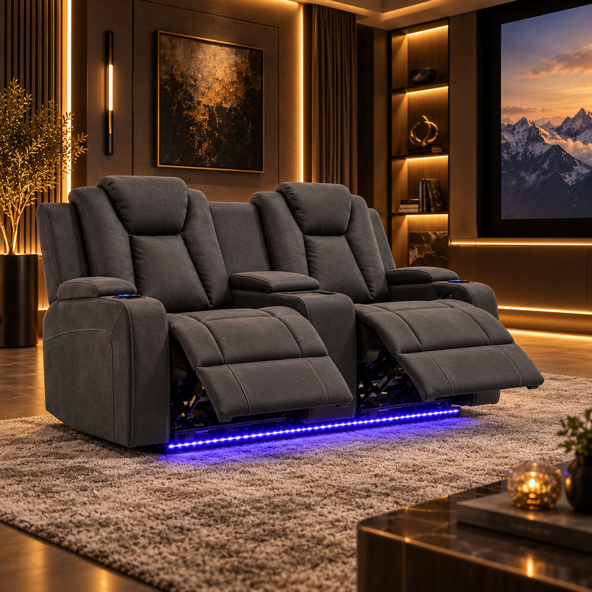 Arena Charcoal 2 seater dual motor electric recliner with centre storage console, cup holders, padded high backs and ambient base lighting