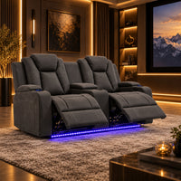 Arena Charcoal 2 seater dual motor electric recliner with centre storage console, cup holders, padded high backs and ambient base lighting