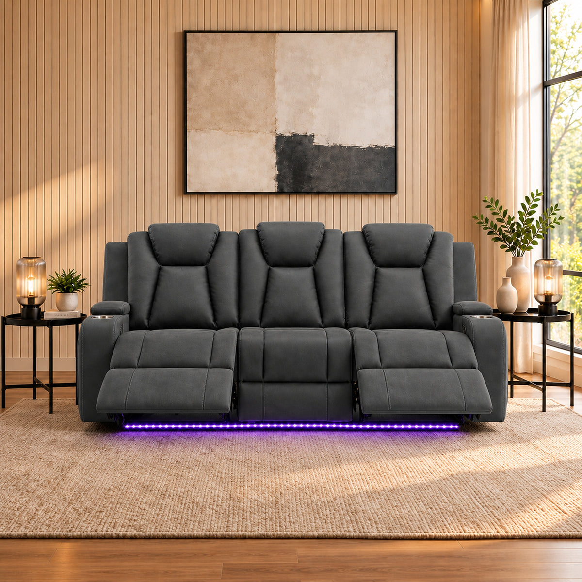 Arena Charcoal 3 seater dual motor electric recliner with two reclining seats, padded high backs, cup holders and ambient base lighting