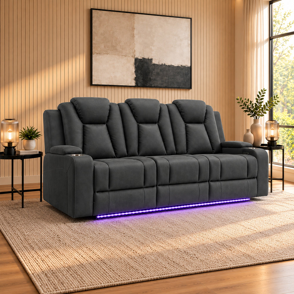 Arena Charcoal 3 seater dual motor electric recliner with padded high backs, cup holders and ambient base lighting