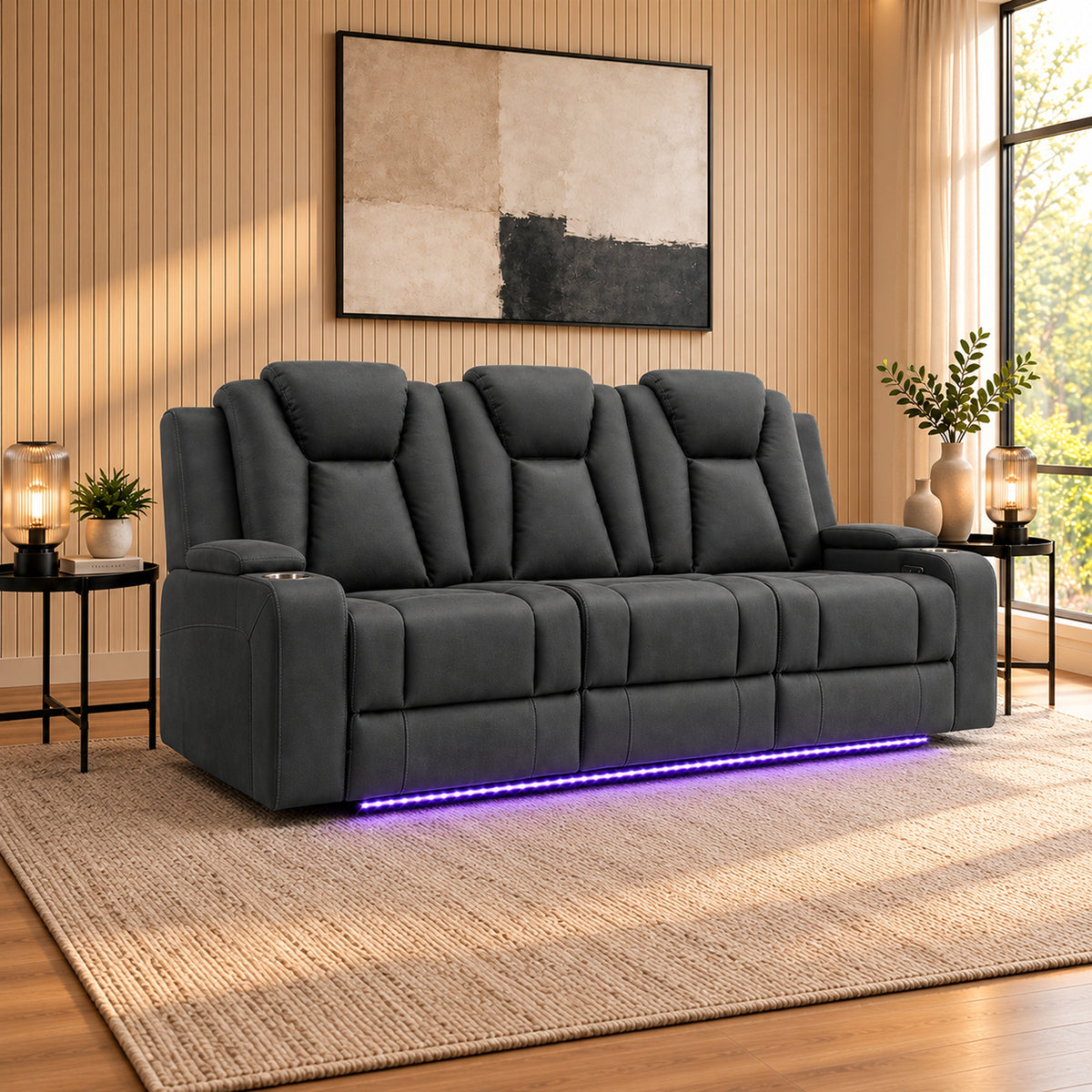 Arena Charcoal 3 seater dual motor electric recliner with padded high backs, cup holders and ambient base lighting