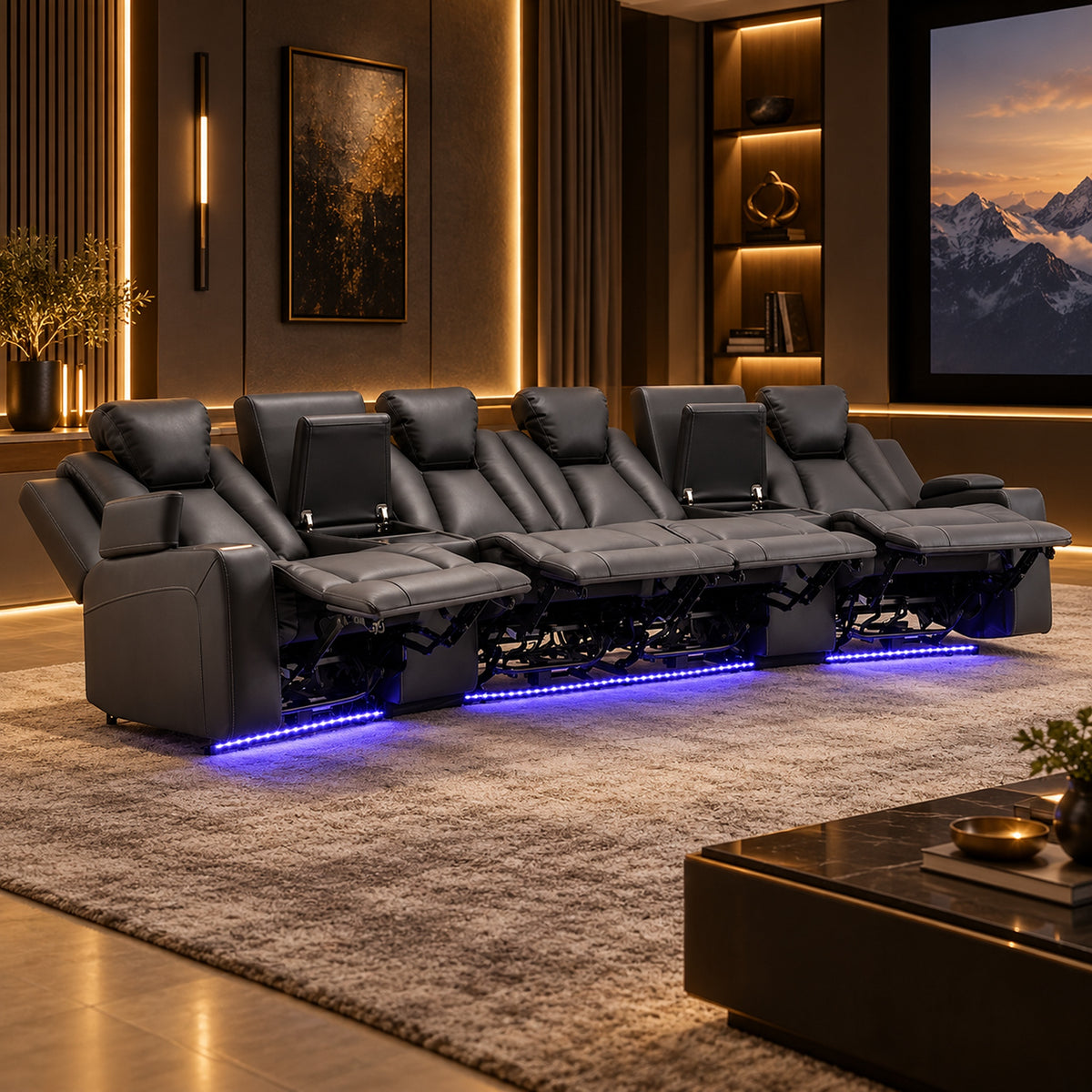 Arena Charcoal 4 seater dual motor home theatre recliner suite with two storage consoles, cup holders and padded high-back seating
