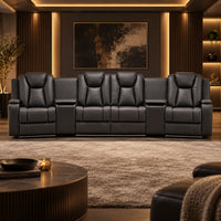 Arena Charcoal 4 seater dual motor home theatre recliner suite with two storage consoles, cup holders and padded high-back seating