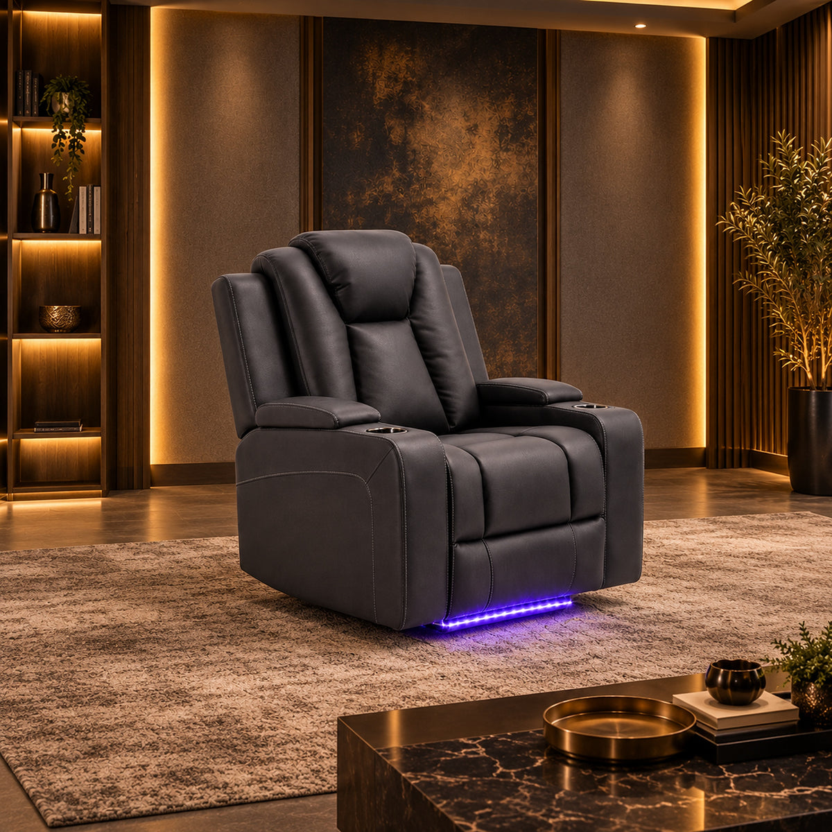 Arena Charcoal single seater dual motor electric recliner chair with padded high back, cup holders and ambient base lighting