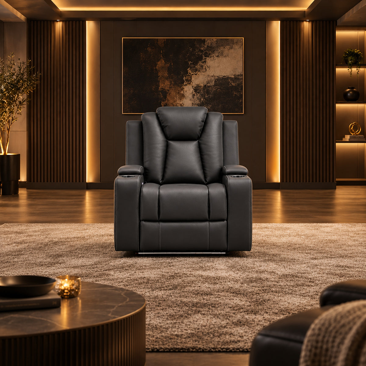 Arena Charcoal single seater dual motor electric recliner chair with padded high back, cup holders