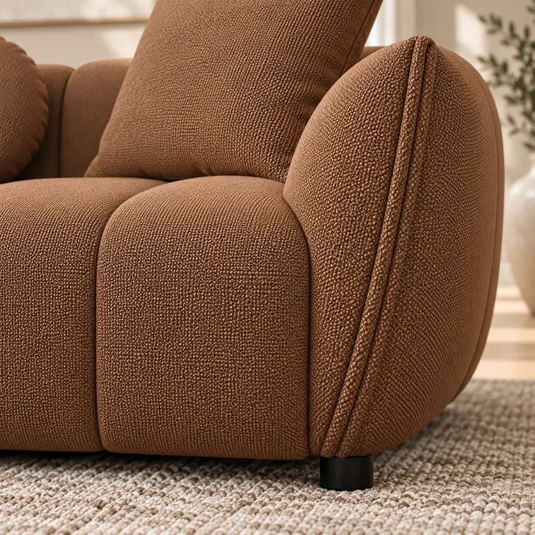 Aria 3 Seater Sofa in Cinnamon with rounded arms, channel detailing and coordinating scatter cushions – fabric detail