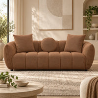 Aria 3 Seater Sofa in Cinnamon with rounded arms, channel detailing and coordinating scatter cushions – front view