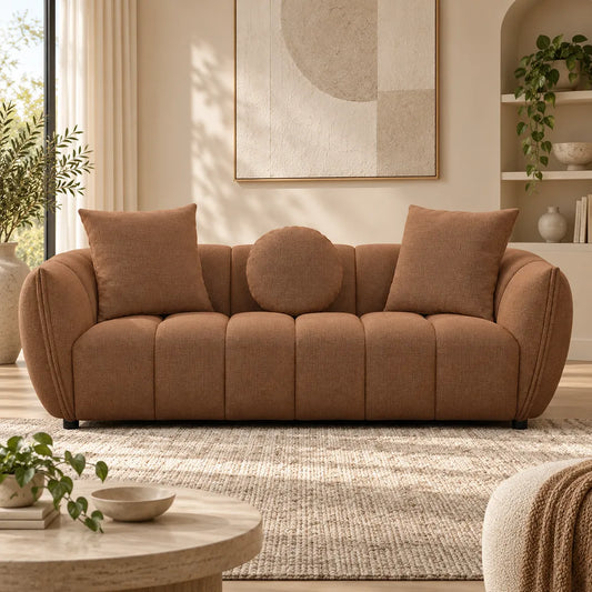 Aria 3 Seater Sofa in Cinnamon with rounded arms, channel detailing and coordinating scatter cushions – front view