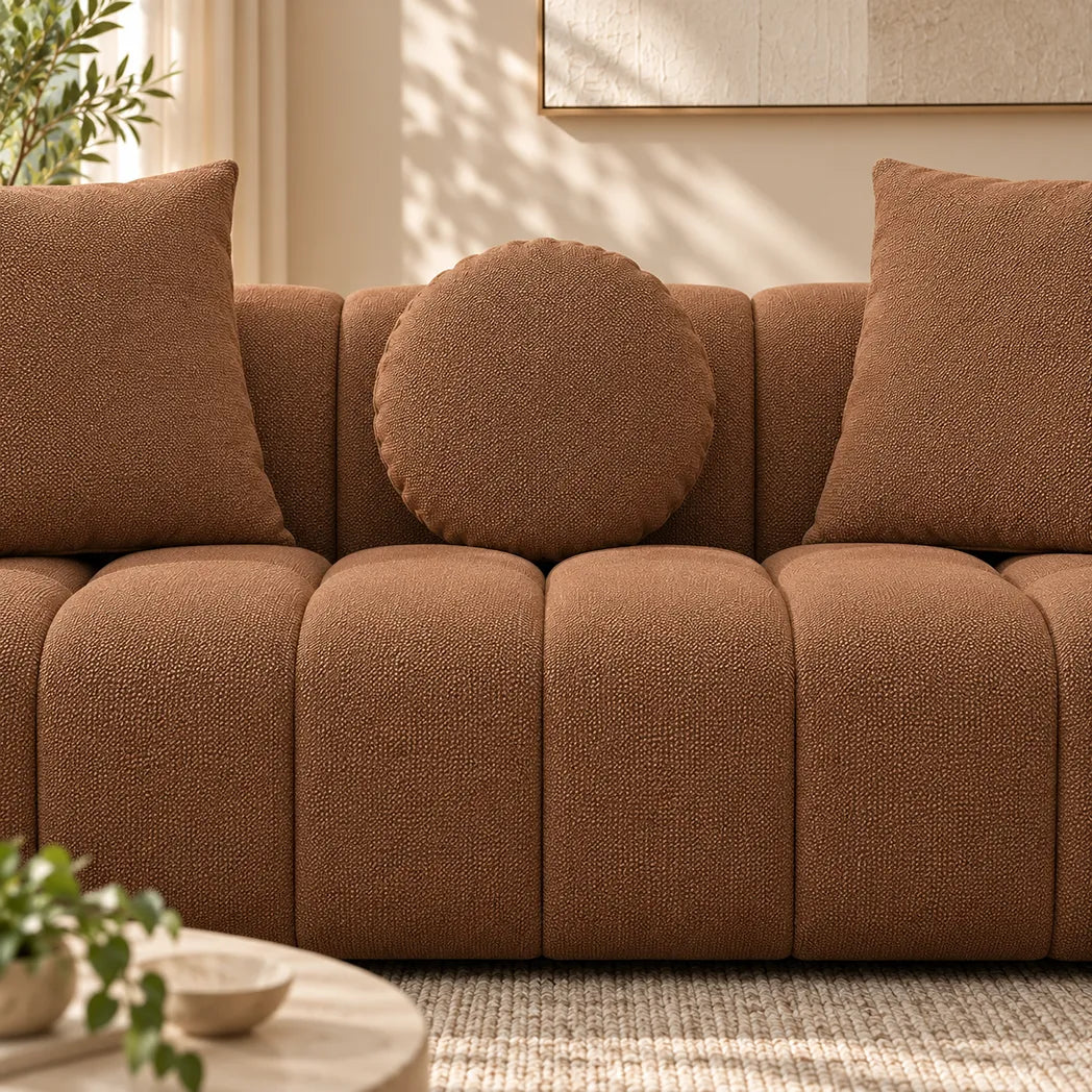 Aria 3 Seater Sofa in Cinnamon with rounded arms, channel detailing and coordinating scatter cushions – detail
