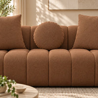 Aria 3 Seater Sofa in Cinnamon with rounded arms, channel detailing and coordinating scatter cushions – detail