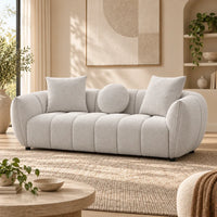 Aria 3 Seater Sofa in Cloud with rounded arms, channel detailing and coordinating scatter cushions – front view