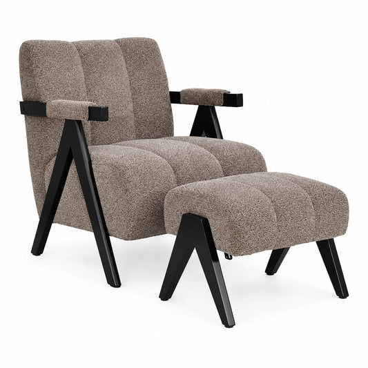 Atlas Fabric Armchair with Stool in Fawn