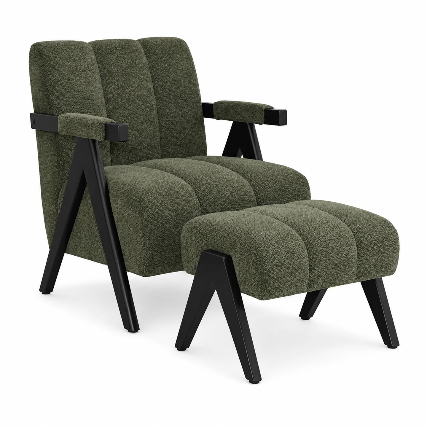 An upholstered lounge chair with a matching ottoman, both in textured olive green fabric with black angled legs and arm accents, shown on a plain white background.