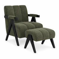 An upholstered lounge chair with a matching ottoman, both in textured olive green fabric with black angled legs and arm accents, shown on a plain white background.
