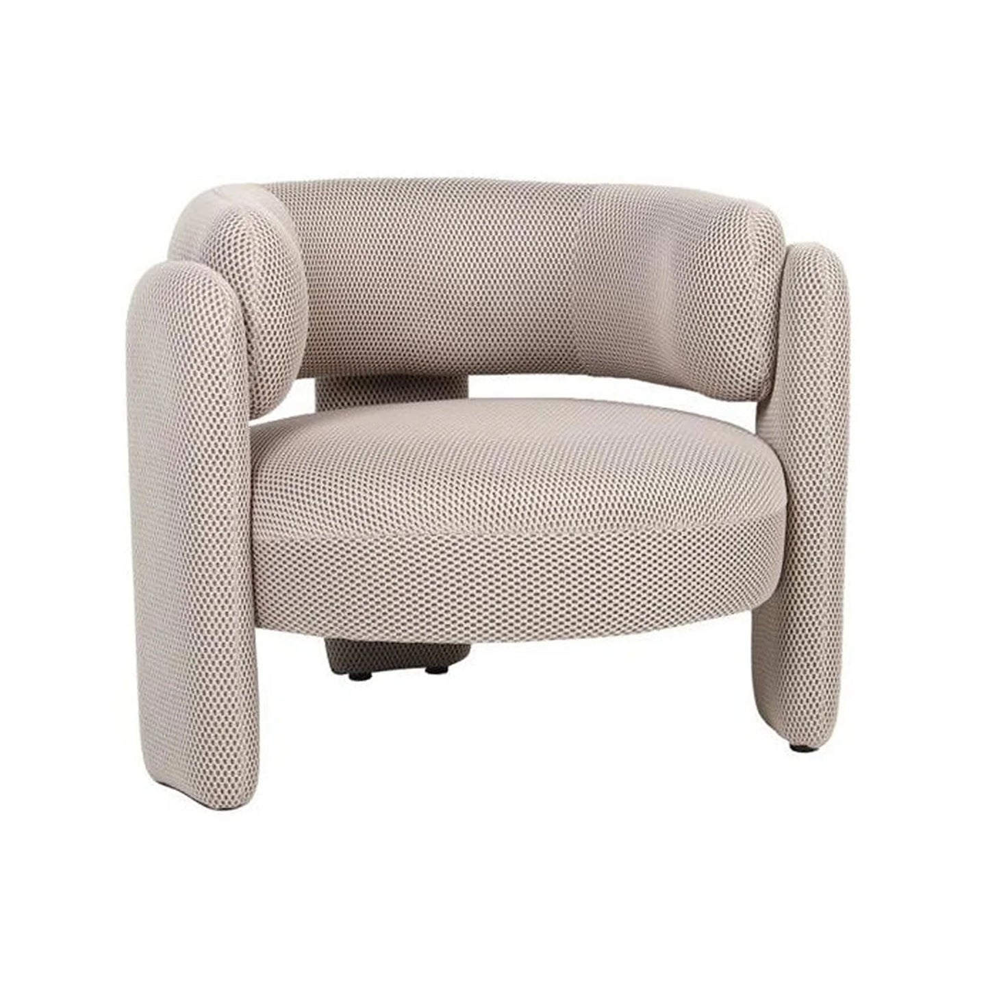 A modern barrel-style armchair upholstered in a textured, light beige fabric, shown against a plain white background.