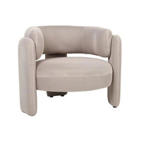 A modern barrel-style armchair upholstered in a textured, light beige fabric, shown against a plain white background.