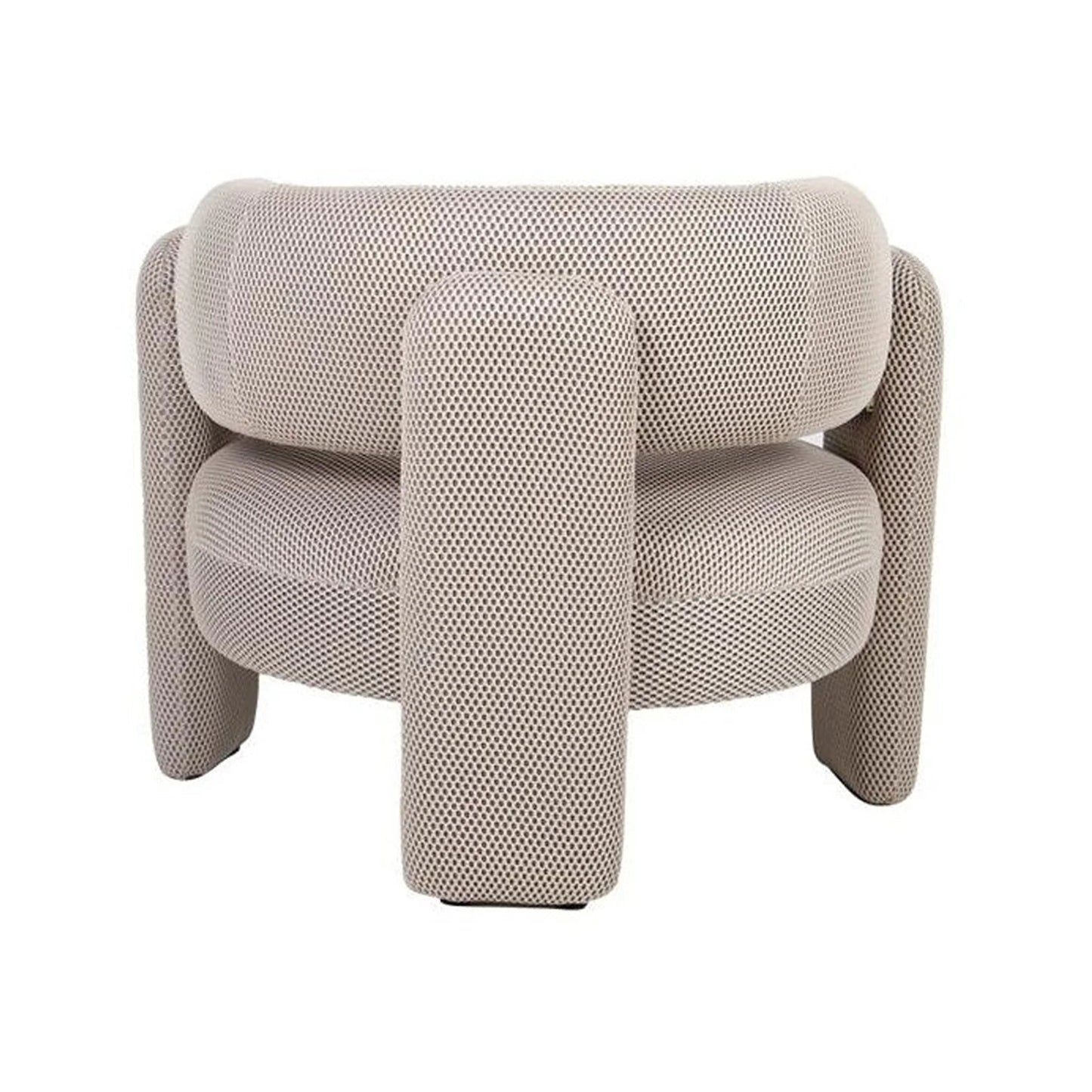 A modern low-profile armchair upholstered in a textured, woven beige fabric, shown from the front against a plain white background.