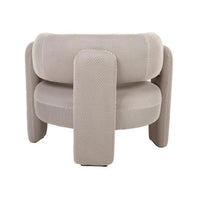 A modern low-profile armchair upholstered in a textured, woven beige fabric, shown from the front against a plain white background.