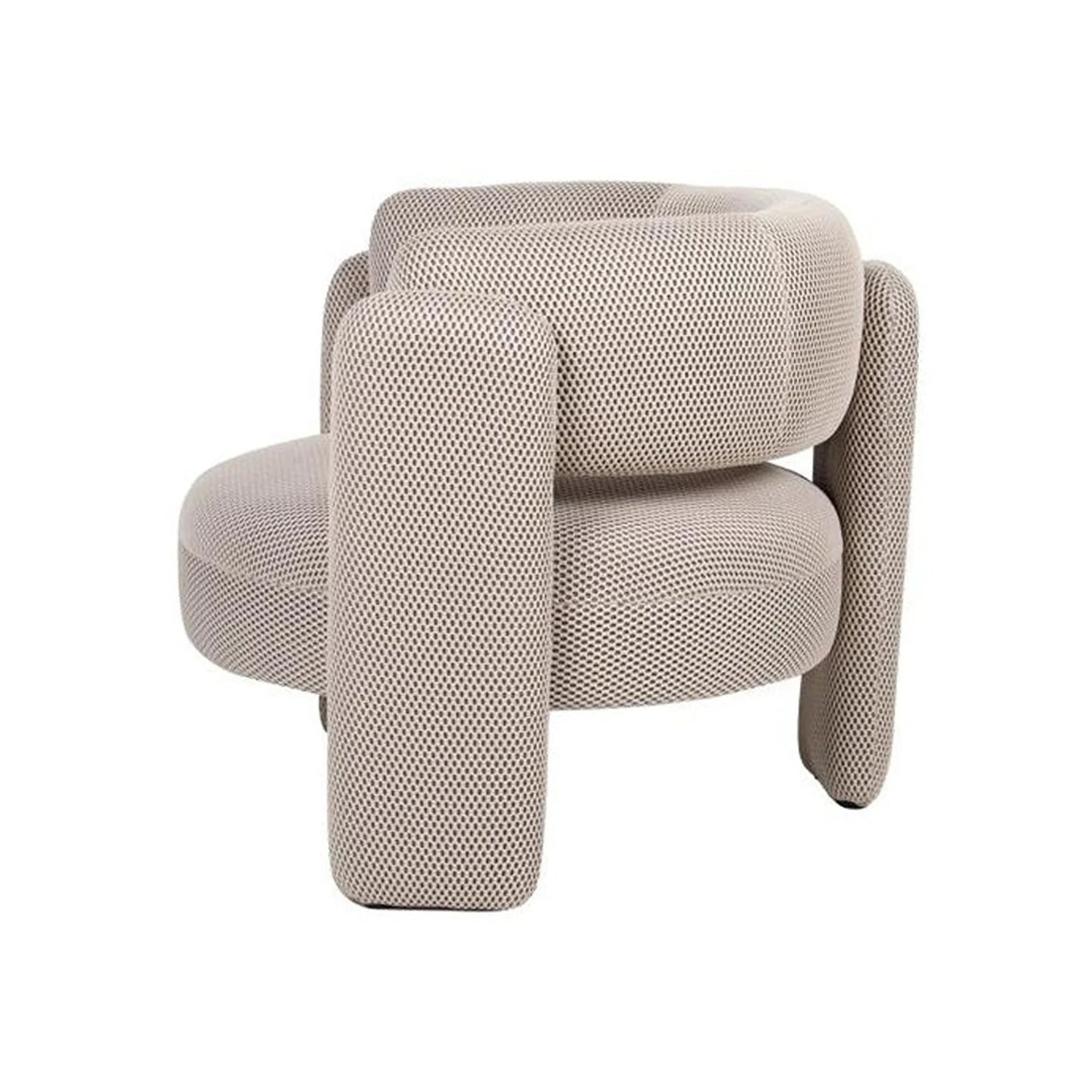 A modern low-profile accent chair upholstered in a textured, woven light beige fabric, shown from a three-quarters angle against a plain white background.