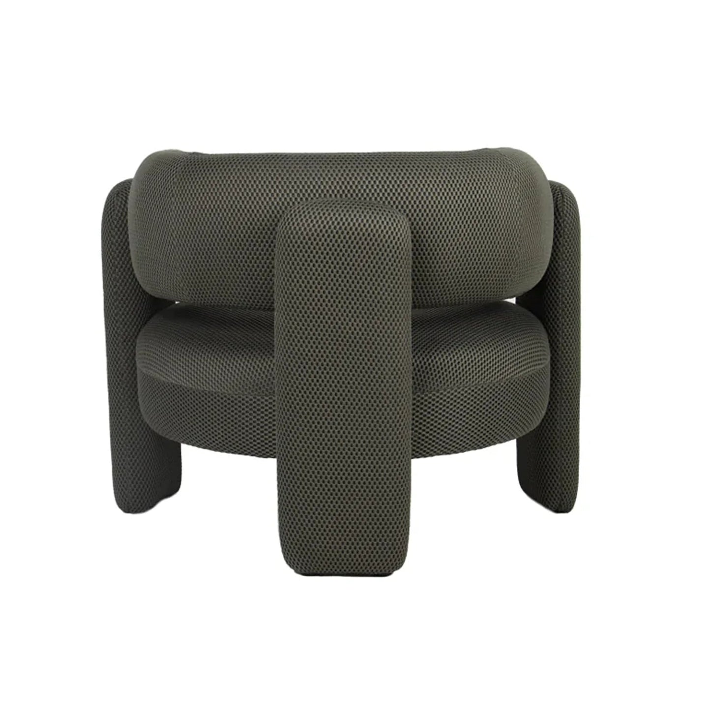 A modern low-profile armchair upholstered in a textured, dark olive green fabric, shown from the back against a plain white background.