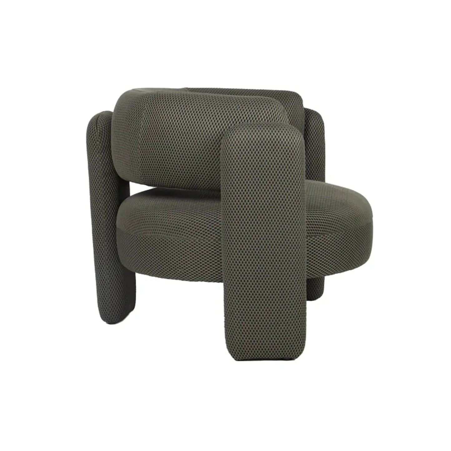 A modern low-profile armchair upholstered in textured olive green fabric, featuring integrated armrests and a rounded backrest, shown against a plain white background.