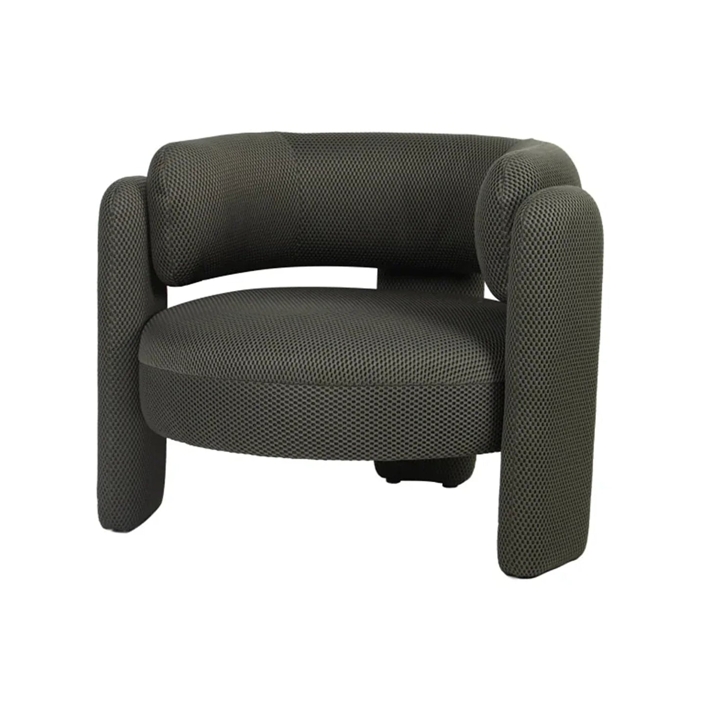 A modern barrel-style armchair upholstered in a textured, dark gray woven fabric, shown against a plain white background.