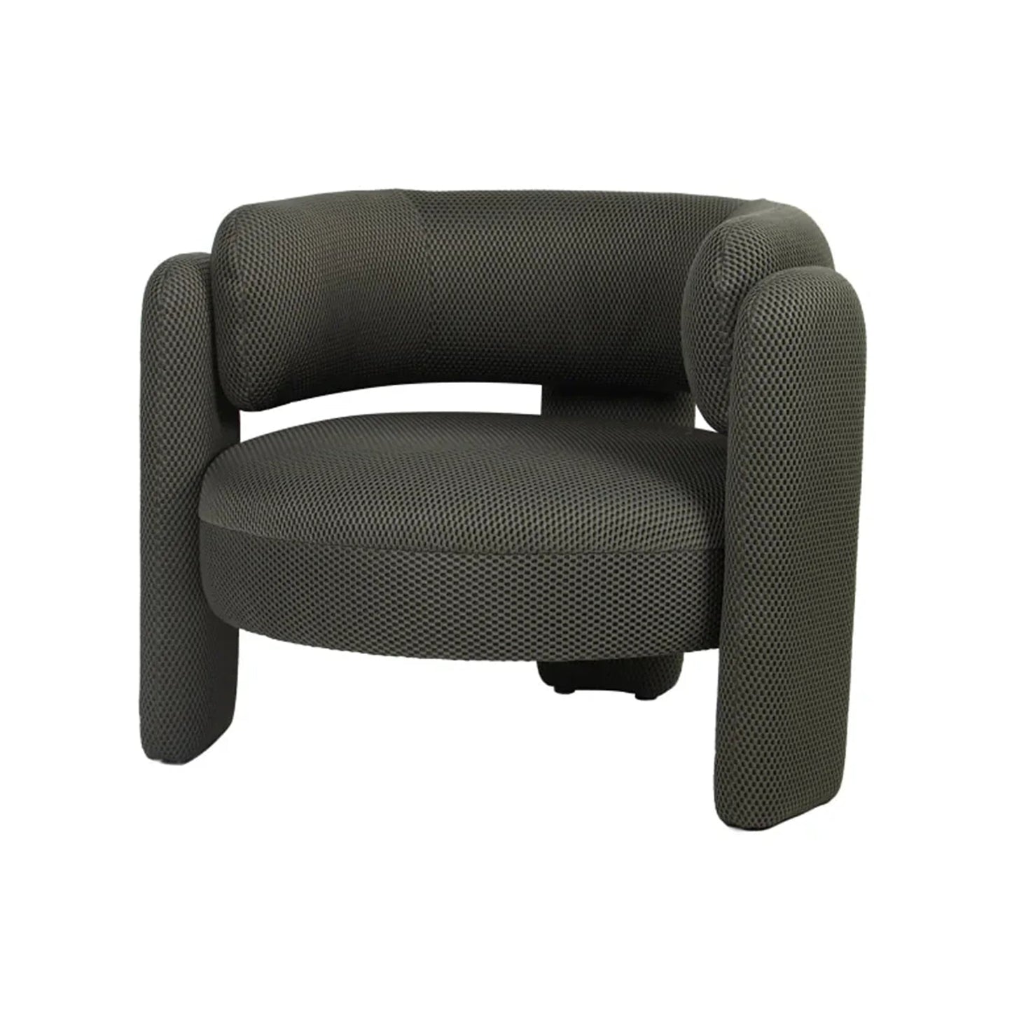 A modern barrel-style armchair upholstered in a textured, dark gray woven fabric, shown against a plain white background.