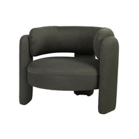 A modern barrel-style armchair upholstered in a textured, dark gray woven fabric, shown against a plain white background.