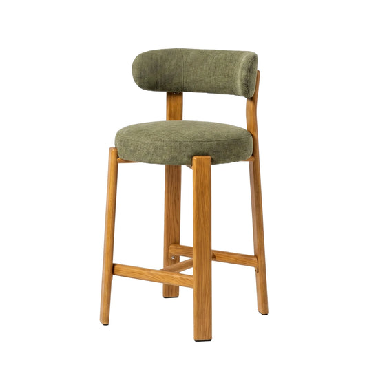 Avila Chenille Bar Stool - Natural Wood-Look Frame in Olive