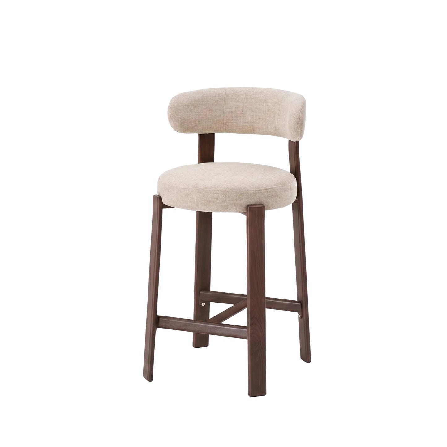 A modern bar stool with a round upholstered seat and curved backrest in a light beige fabric, supported by four dark brown wooden legs with a footrest.