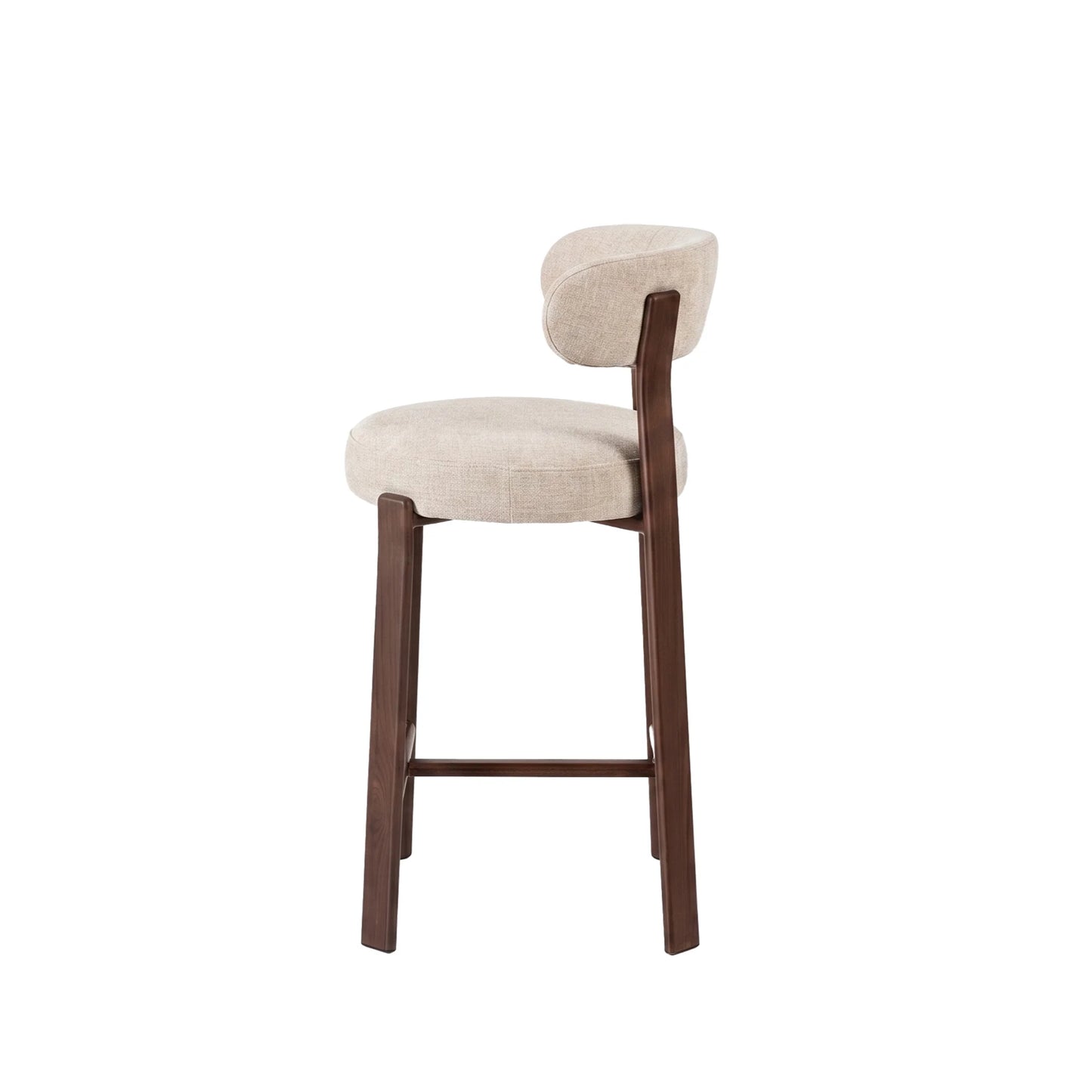 A modern bar stool with a light beige textured fabric seat and a curved backrest, supported by a dark brown wooden frame with a footrest, shown against a plain white background.