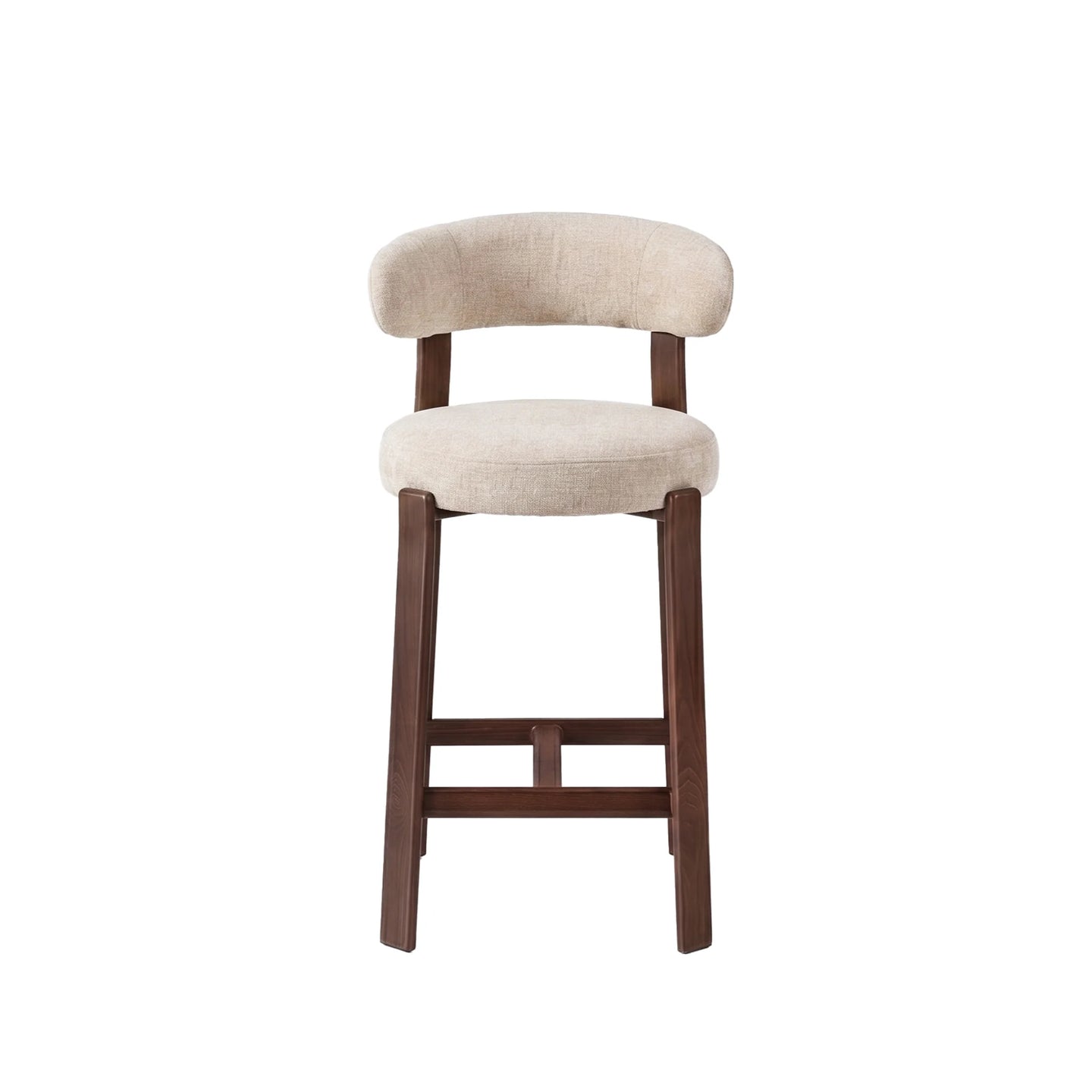 A modern bar stool with a curved upholstered backrest and seat cushion in a light beige fabric, supported by a dark brown wooden frame with a footrest, shown against a plain white background.