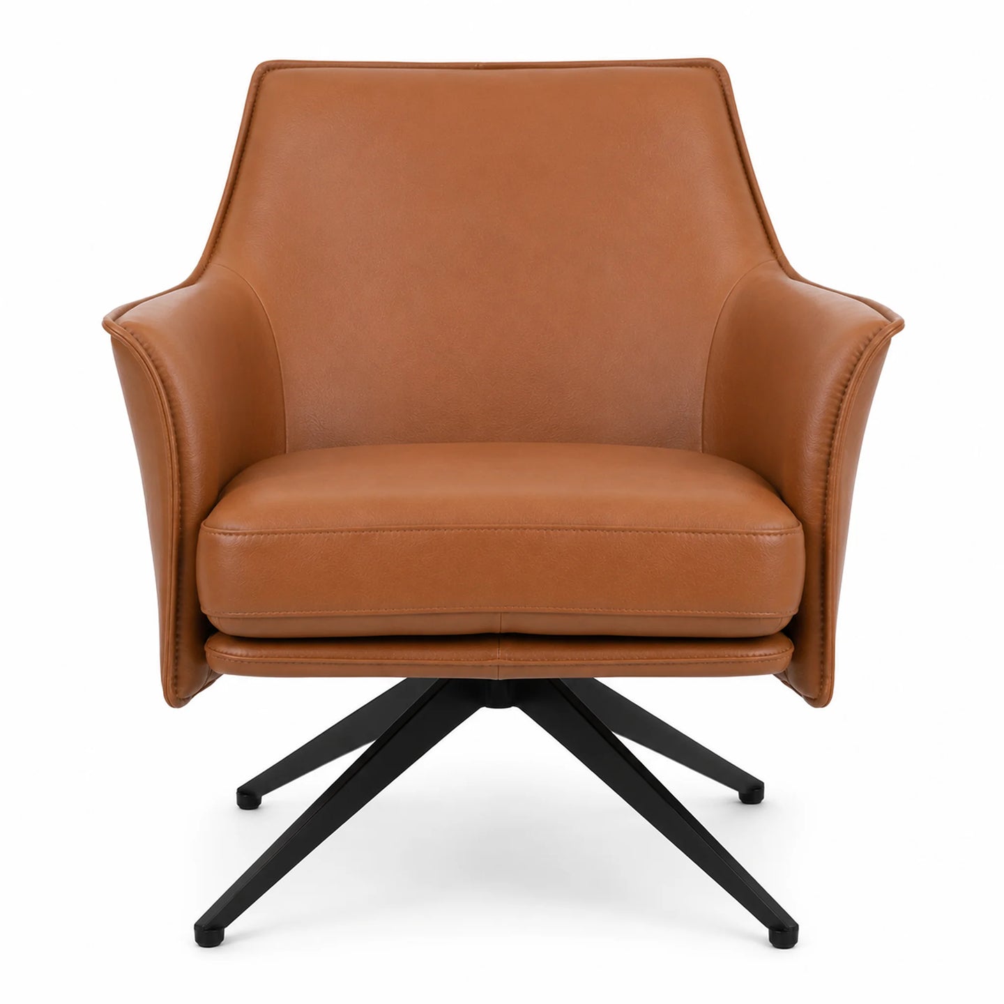 A modern swivel armchair upholstered in warm tan leather with a black metal four-star base