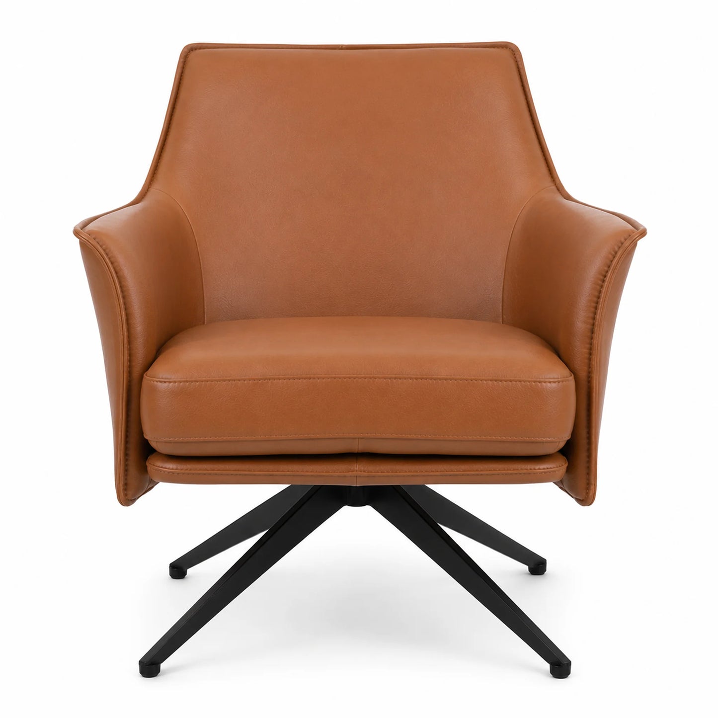 A modern swivel armchair upholstered in warm tan leather with a black metal four-star base