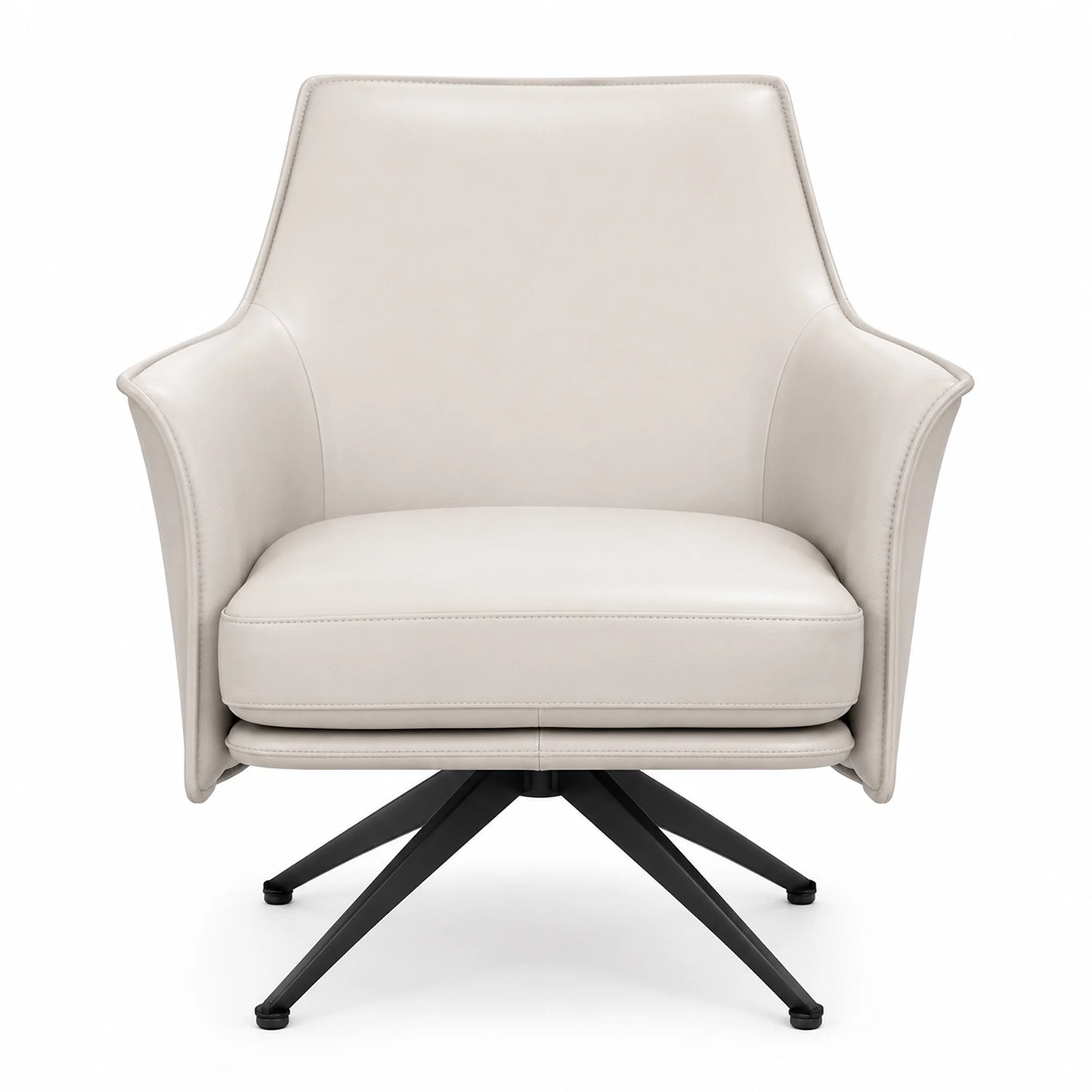 A modern swivel armchair upholstered in light cream leather with a black five-star base