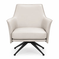 A modern swivel armchair upholstered in light cream leather with a black five-star base