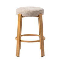 A single bar stool with a round upholstered seat cushion in a light beige textured fabric and a natural light brown wooden frame with a footrest, shown on a plain white background.