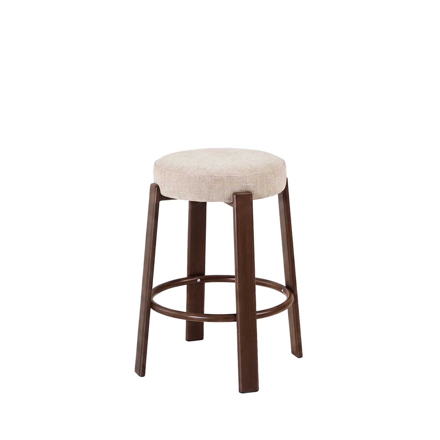 A single bar stool with a round upholstered seat in a light beige fabric and four dark brown wooden legs, shown against a plain white background.