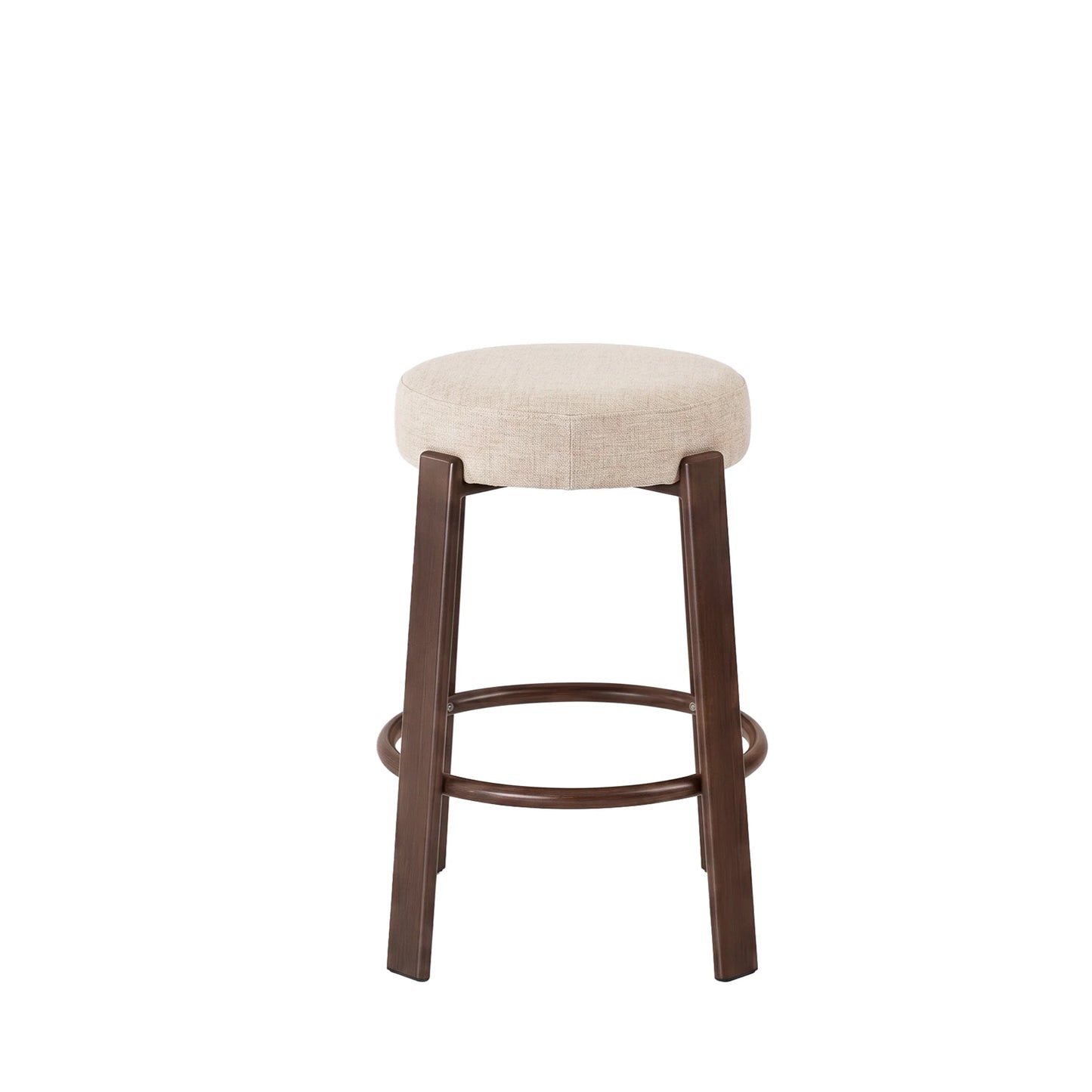 A single bar stool with a round upholstered seat in a light beige fabric and dark brown wooden legs and footrest, shown against a plain white background.