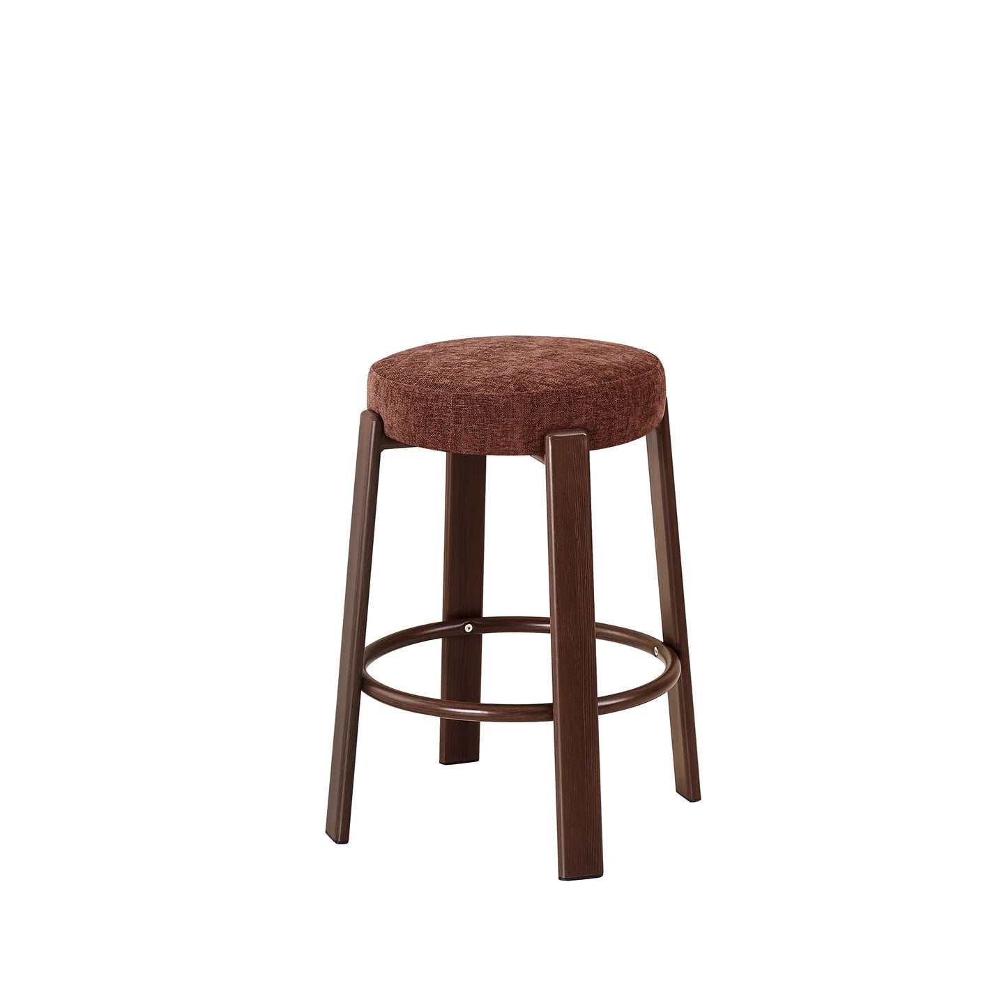 A bar stool with a round brown upholstered seat cushion and a dark brown wooden frame with a footrest ring, shown on a plain white background.