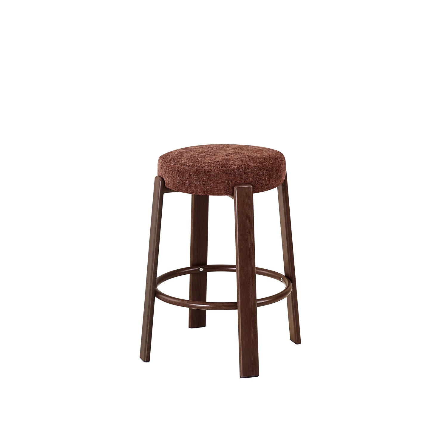 A bar stool with a round brown upholstered seat cushion and a dark brown wooden frame with a footrest ring, shown on a plain white background.