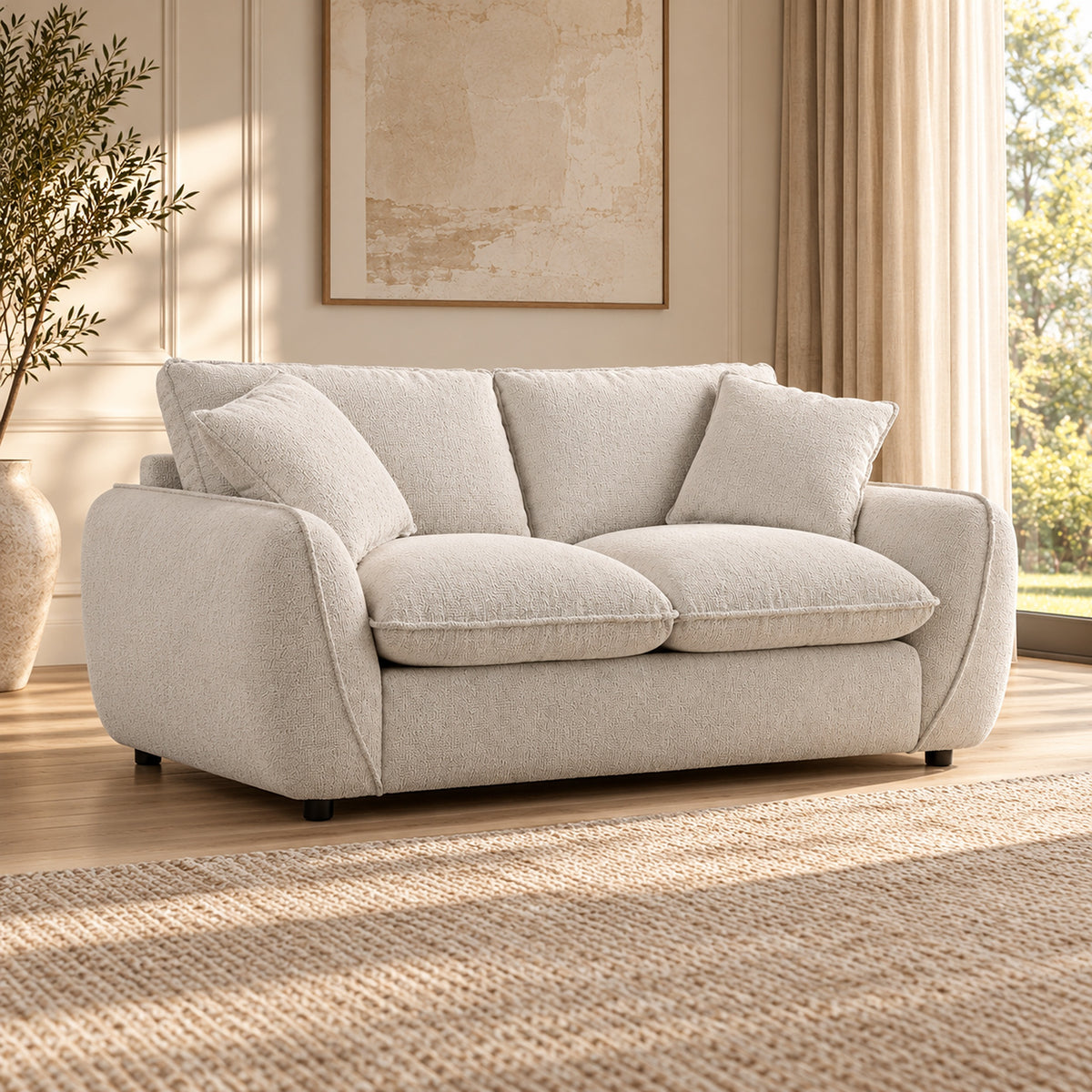 Bradman Snow 2 seater duck feather sofa with curved arms, plush cushions and textured Shay fabric upholstery, angled view