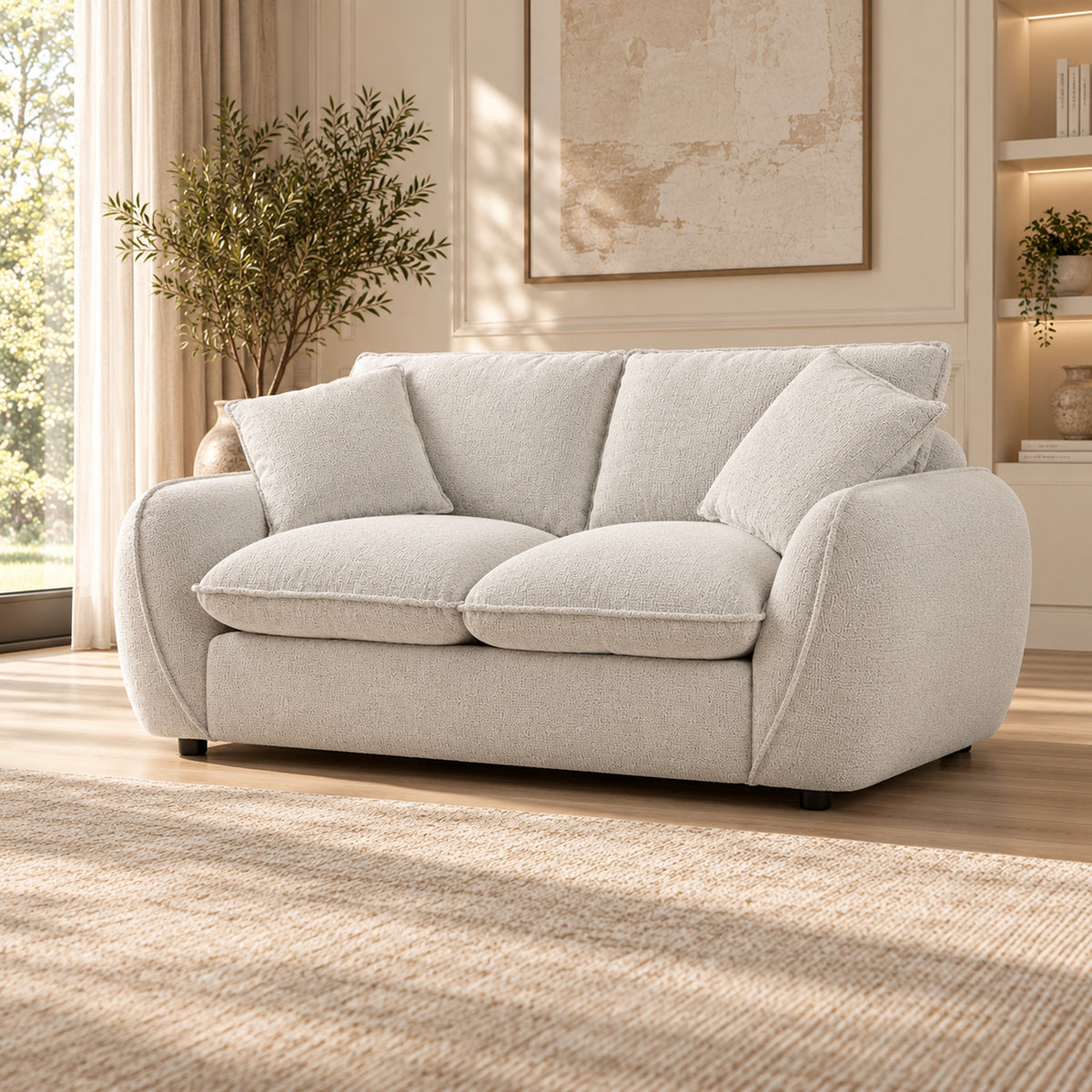Bradman Snow 2 seater duck feather sofa with curved arms, plush cushions and textured Shay fabric upholstery, angled view