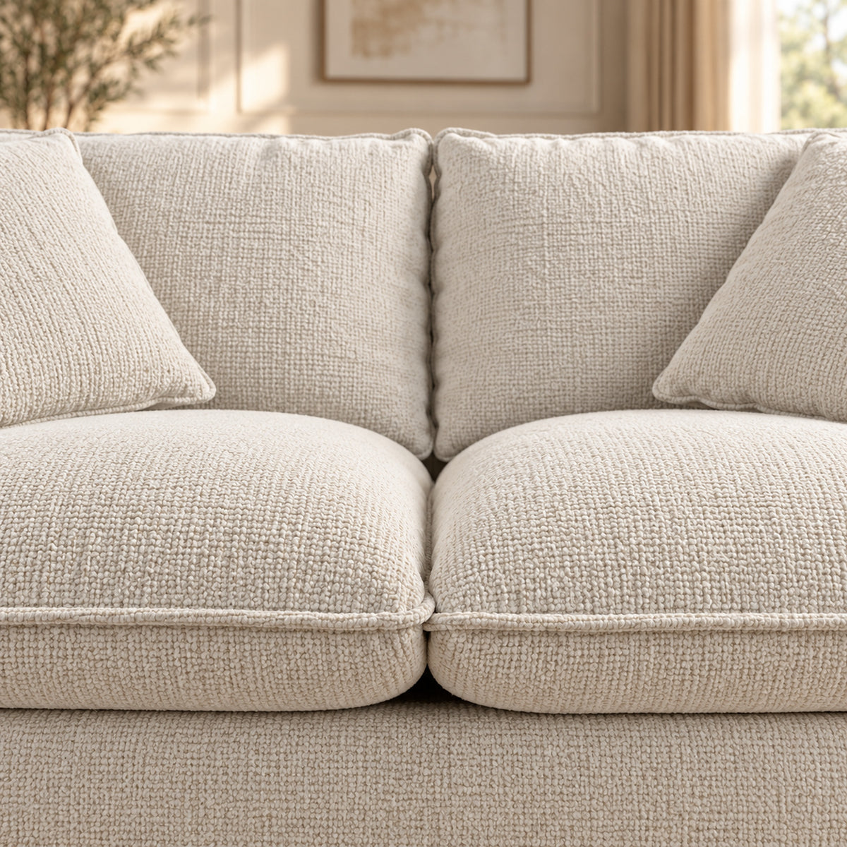 Bradman Snow 2 seater duck feather sofa with curved arms, plush cushions and textured Shay fabric upholstery, close up view
