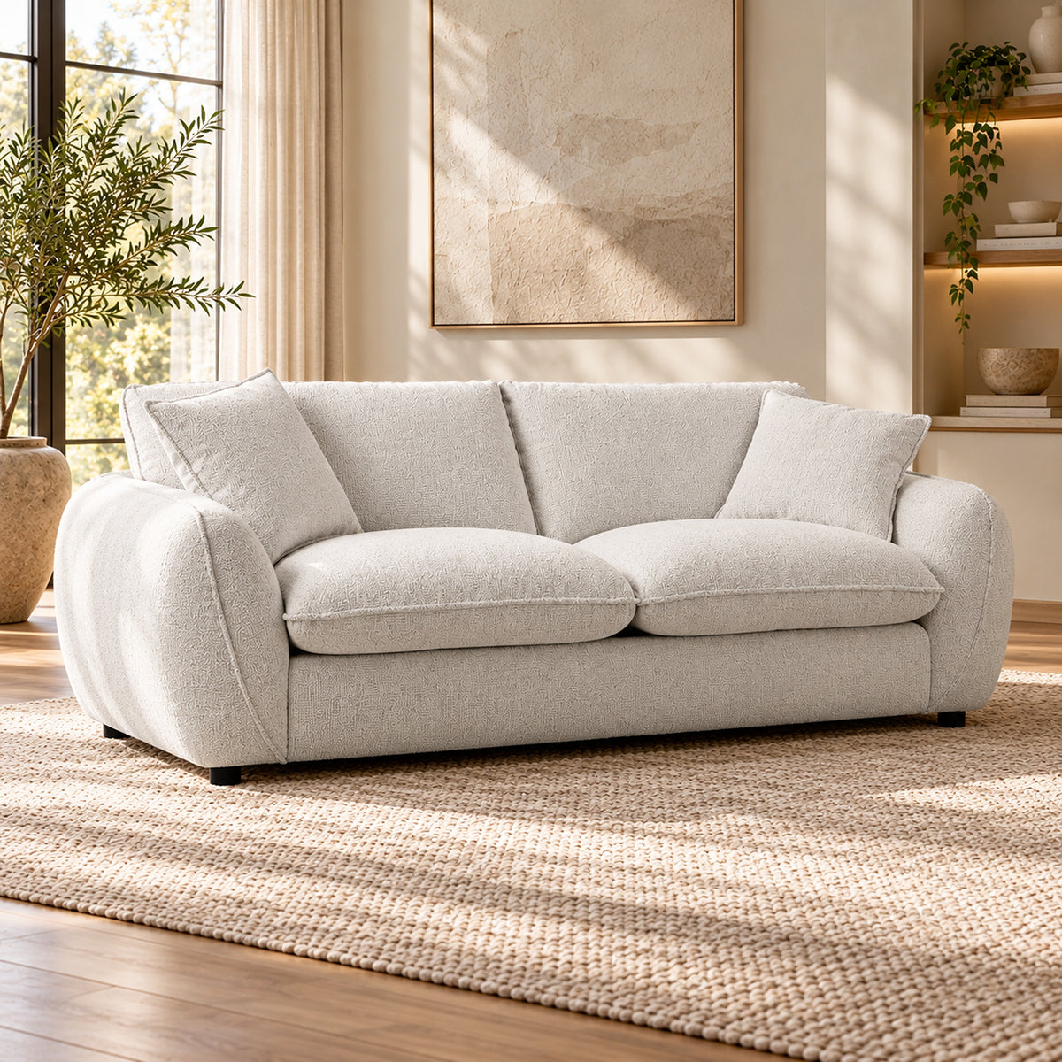 Bradman Snow 3 seater duck feather sofa with curved arms, plush cushions and textured Shay fabric upholstery, angled view