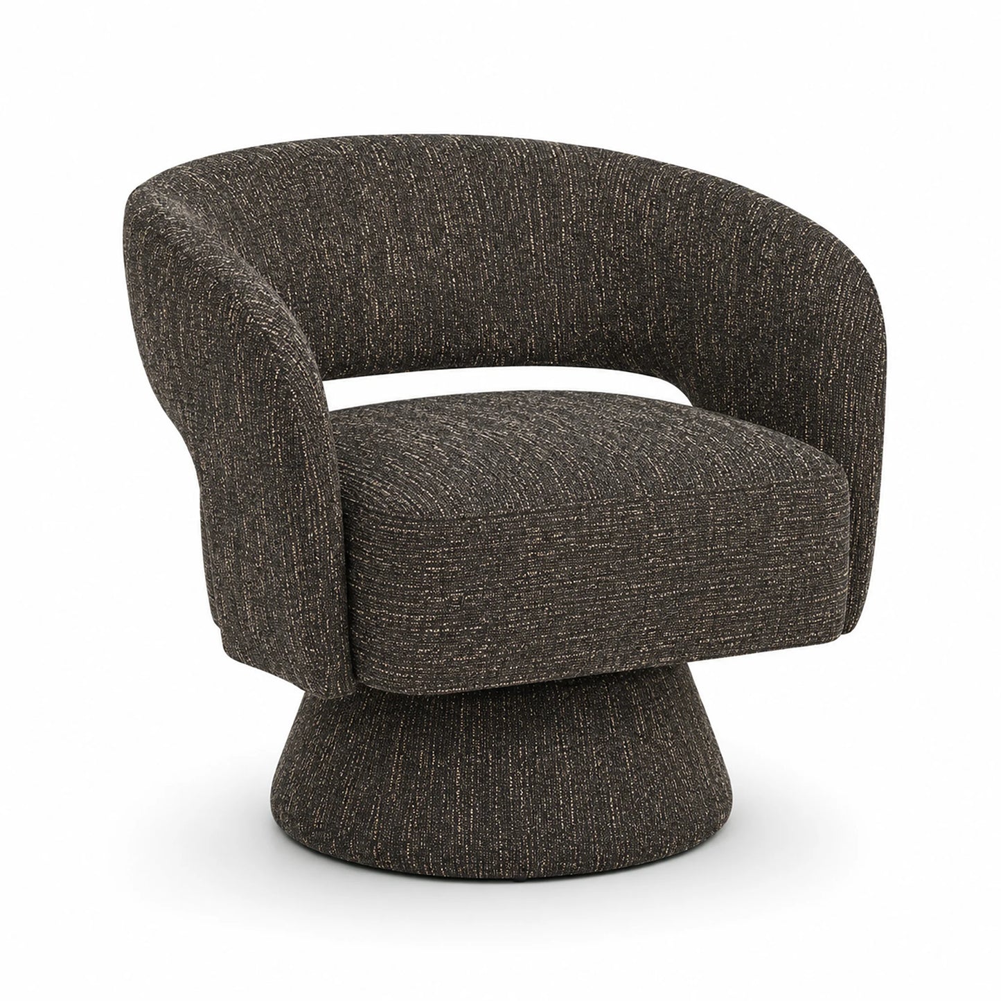 A modern barrel-style swivel armchair upholstered in a textured charcoal gray woven fabric, shown on a clean white background.