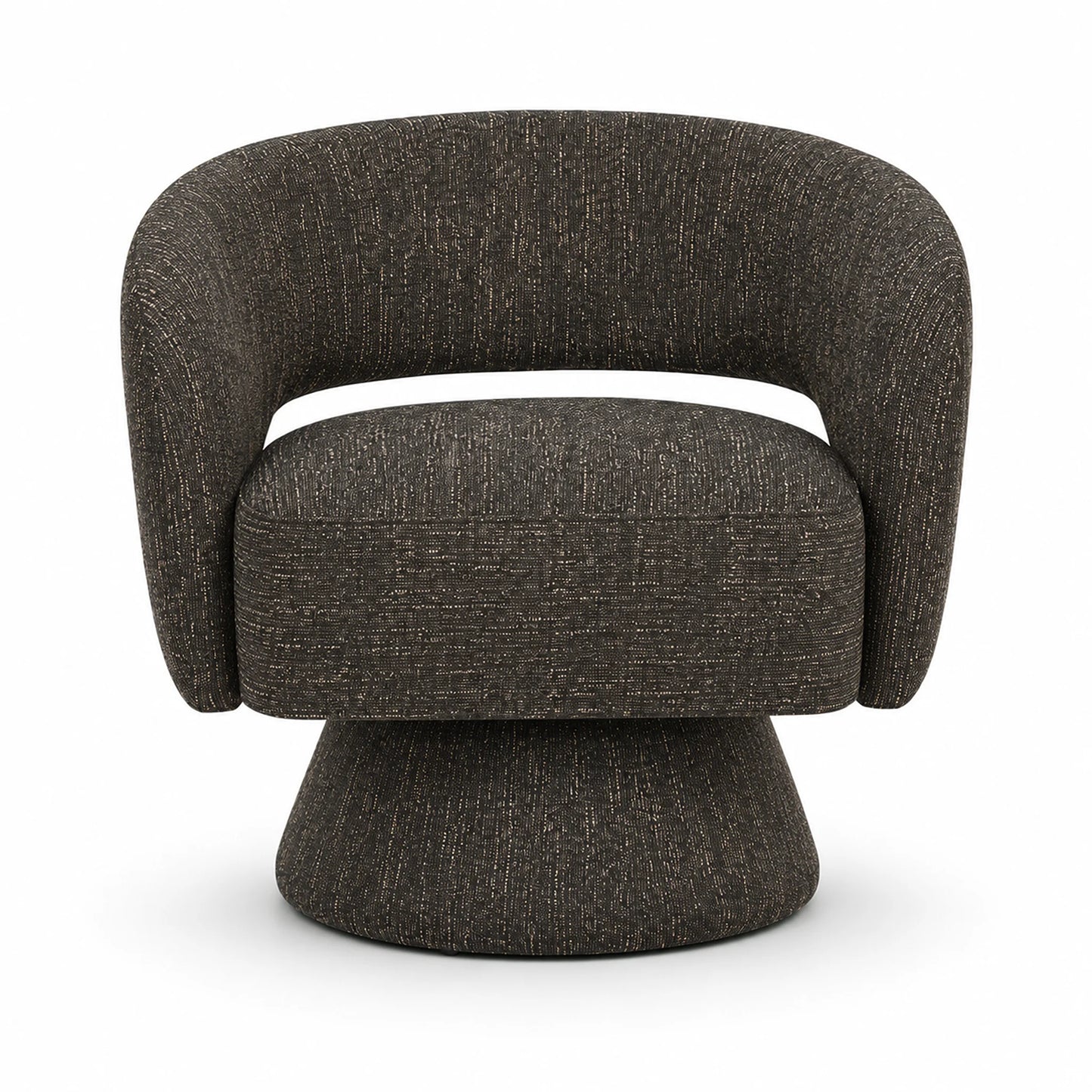 A modern barrel-style accent chair upholstered in a textured charcoal gray fabric, shown from a front-facing perspective on a clean white background.